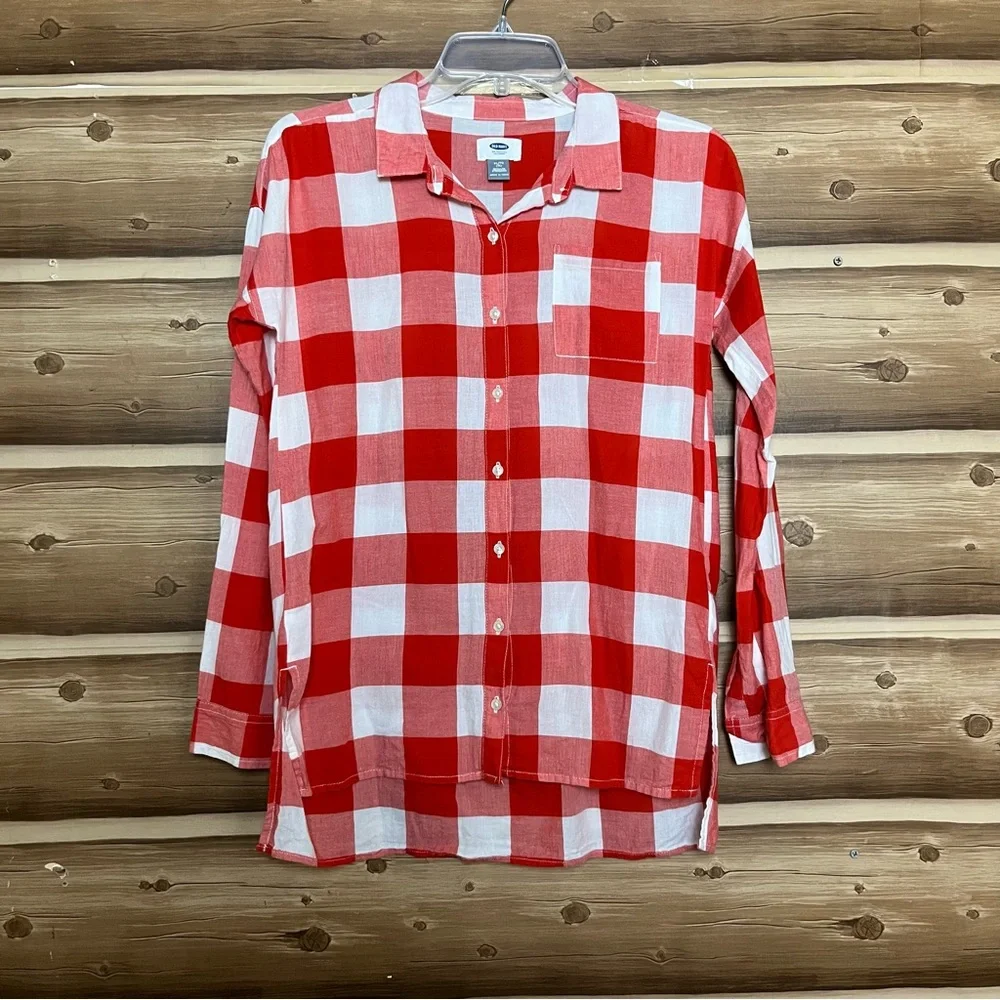 5/$25 Old navy girl long sleeve bottoms down‎ red white plaid shirt size 14 XL